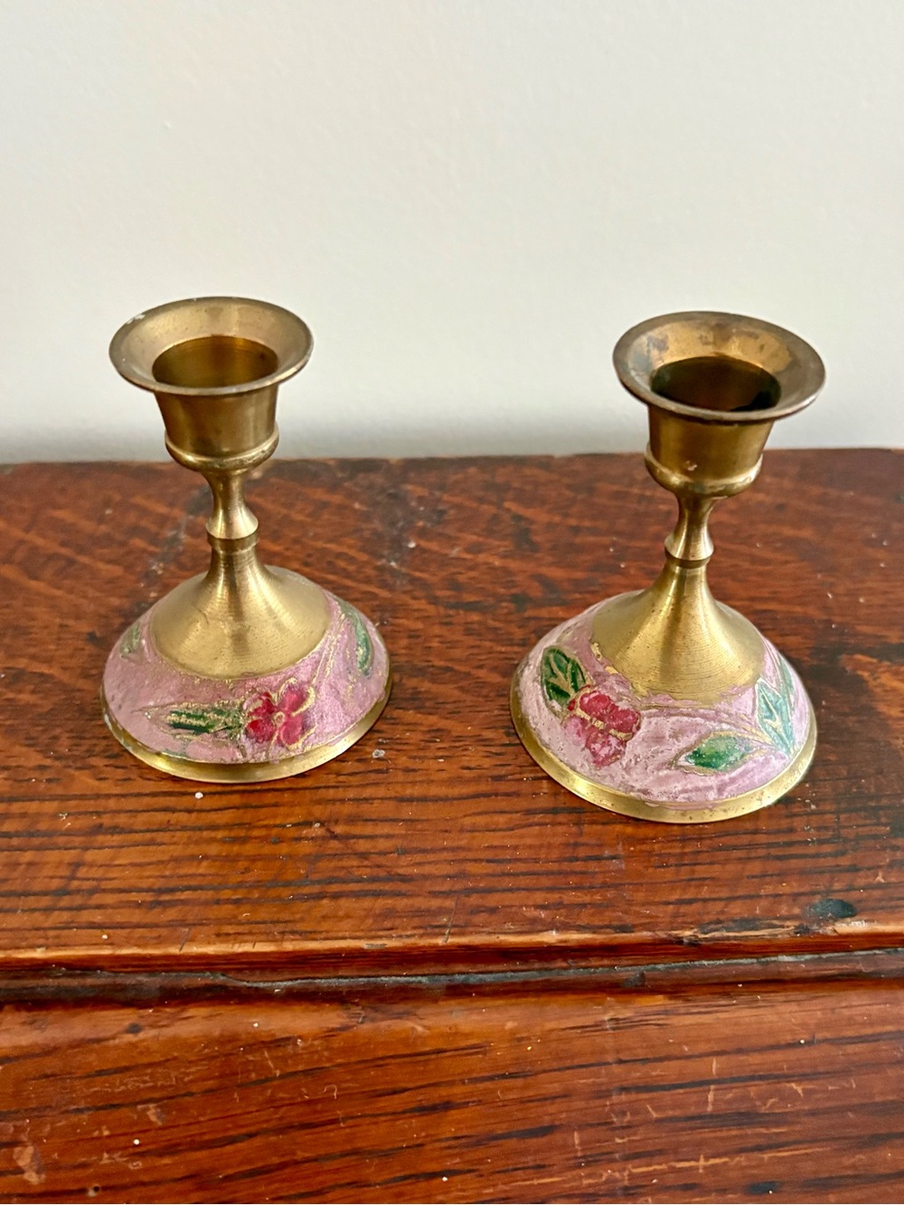 Brass Cloisonné Floral Accent Candle Holders - Pink